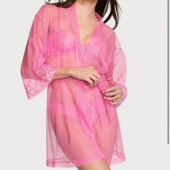 Stunning Victoria's Secret Pink Sheer Lace Sexy Short Robe